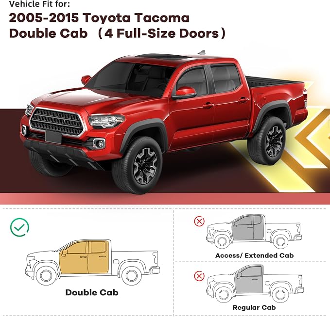 4PCS in Channel Rain Guards for Tacoma 2005-2015 Double Cab, Durable Side Wind - Image 2
