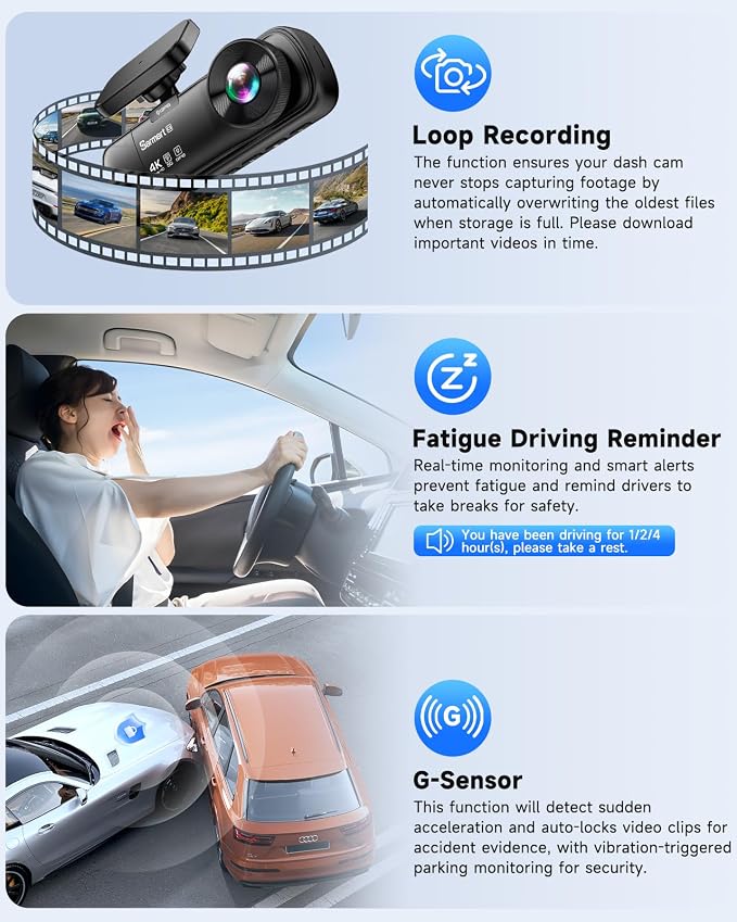 3 Channel Dash Cam, SARMERT 4K Dash Cam Front Inside and Rear - Image 7