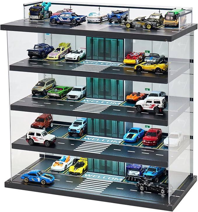 Display Case Compatible with Hot Wheels Garage & Matchbox Cars with LED Light by GALUMO