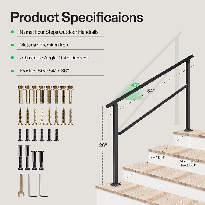 VIVOSUN Outdoor Handrail, 4 Step Stair Handrail, Wrought Mattle Iron Handrail - Image 2