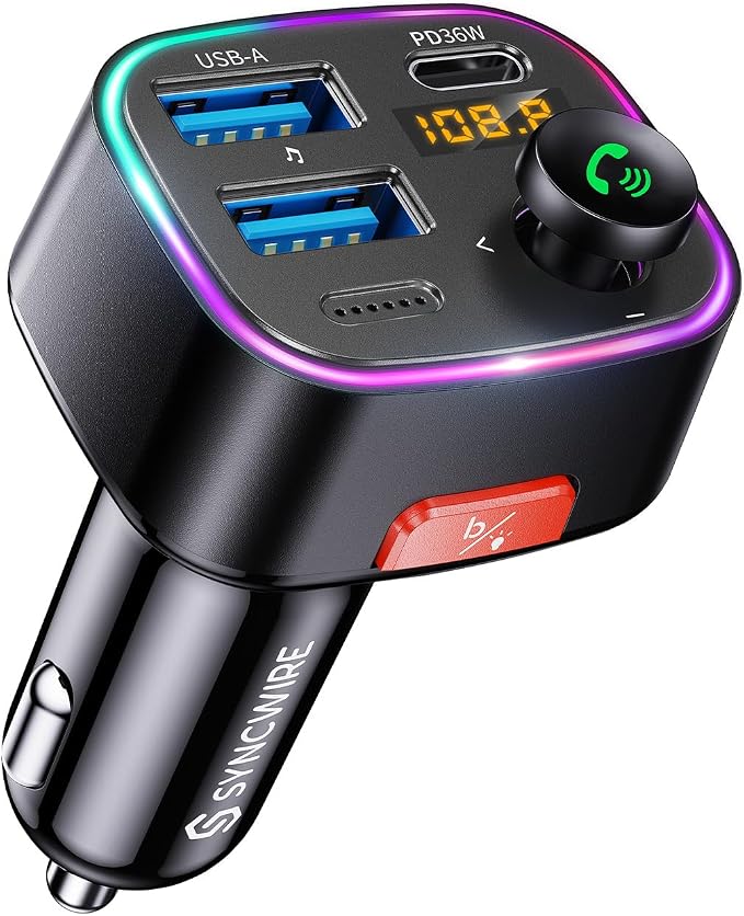 Syncwire Bluetooth 5.4 FM Transmitter Car Adapter 48W Wireless Radio Music by SYNCWIRE