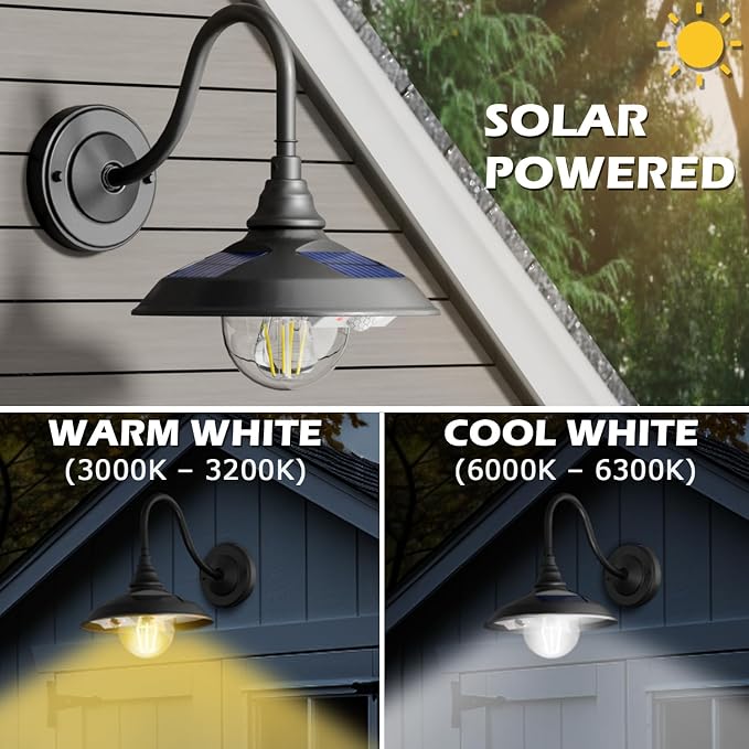 SIEDiNLAR Solar Barn Light Outdoor 3 Modes 2 Lighting, Aluminum Gooseneck Wall - Image 2