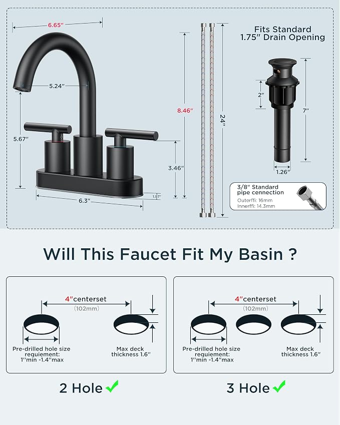 FORIOUS 4 Inch Centerset Bathroom Faucet Black 2 Hole, Two Handle Matte Black 4 - Image 9