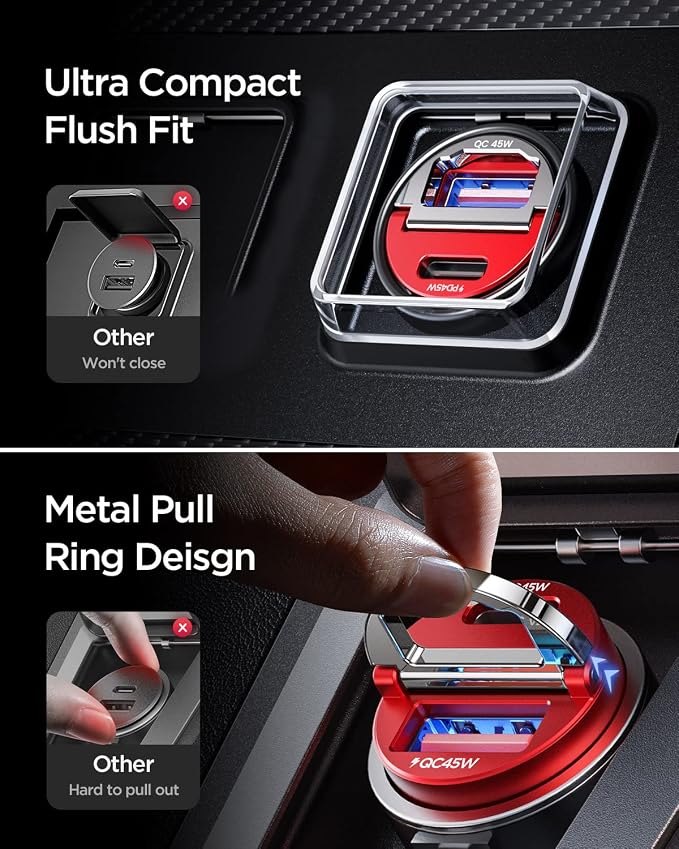 MRGLAS 90W USB C Car Charger Fast Charge, PD45W & QC45W, Flush Fit, Extra 3.3ft - Image 3