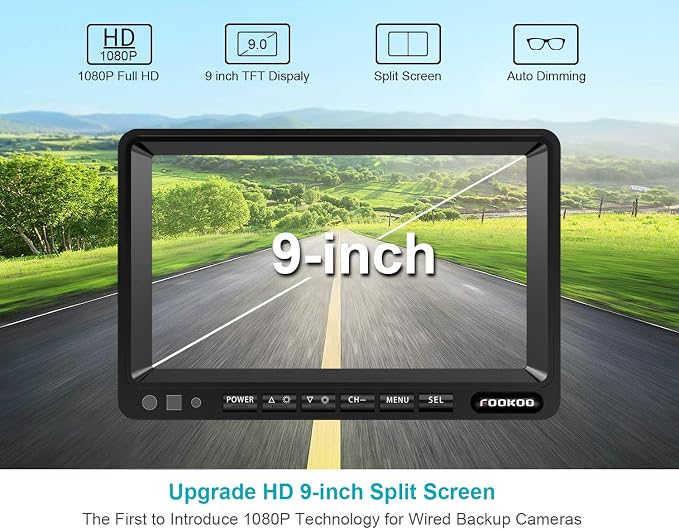 Fookoo Ⅱ HD 1080P 9" Wired Backup Camera System, 9-inch DVR Dual Split Screen - Image 2