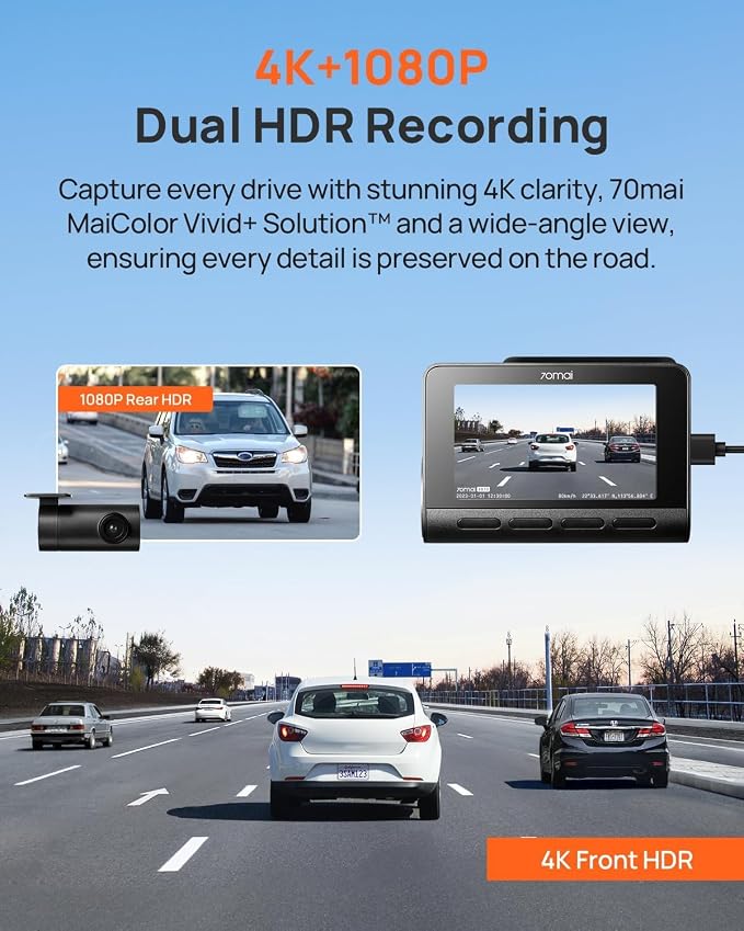70mai A810 4K Dash Cam Front and Rear, Dual Dash Camera - Image 2