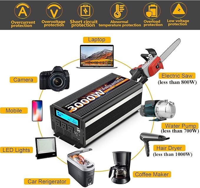 3000W Power Inverter 12V DC to AC 110V/120V 6000W Converter 3 sockets car - Image 5
