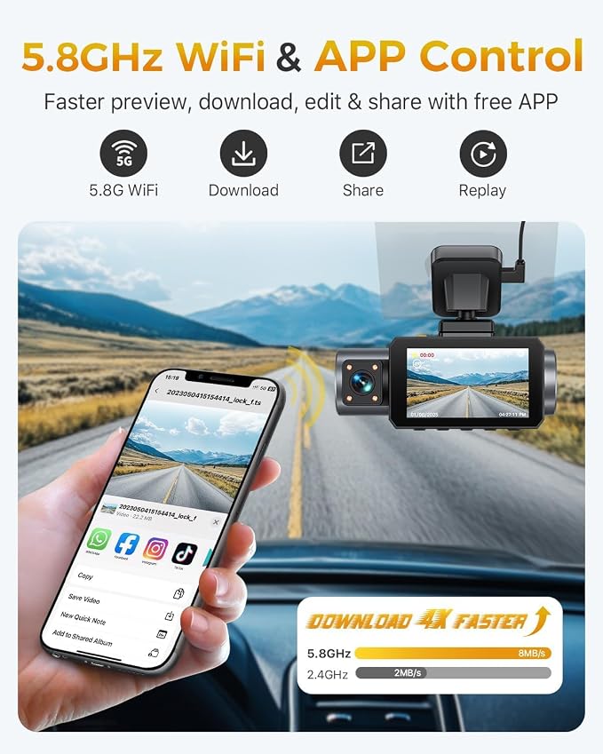 GKU 4K 3 Channel Dash Cam, 5.8GHz WiFi Built-in GPS, 4K+1080P+1080P Dash Cam - Image 4
