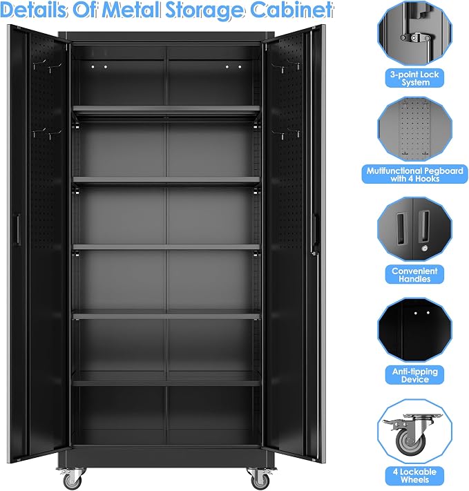 Garage Storage Cabinet with Wheels & Pegboard, Assembly Required - Image 5