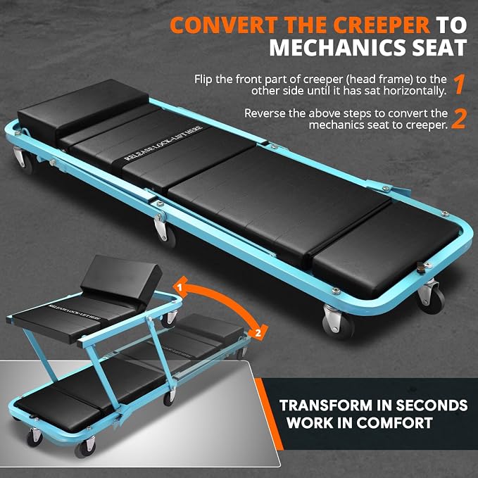 DNA MOTORING 48" 2 IN 1 Folding Rolling Garage Shop Creeper Roller Seat - Image 3