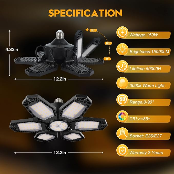 TANBABY 2 Pack Garage Light Warm 150W Led 3000k Garage Lighting 12000LM - Image 4