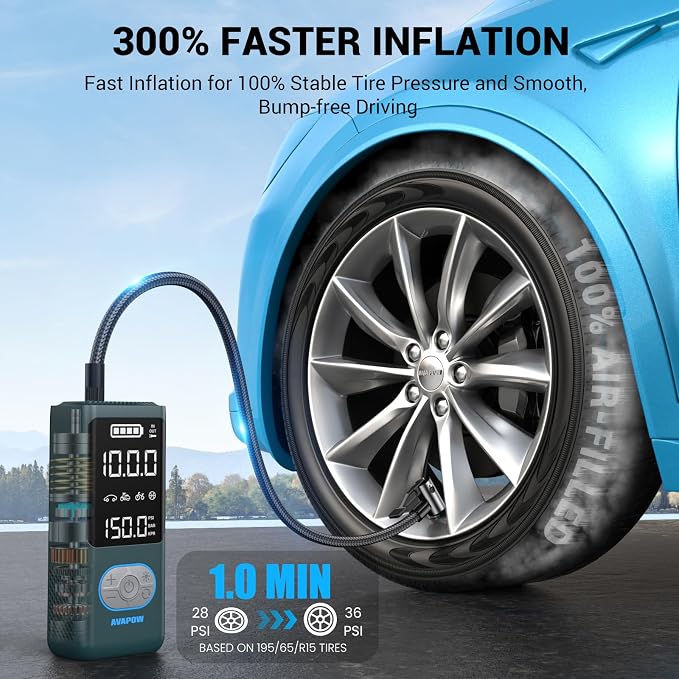 AVAPOW AP18 Tire Inflator Portable Air Compressor, 300% Faster 150 PSI Cordless - Image 2