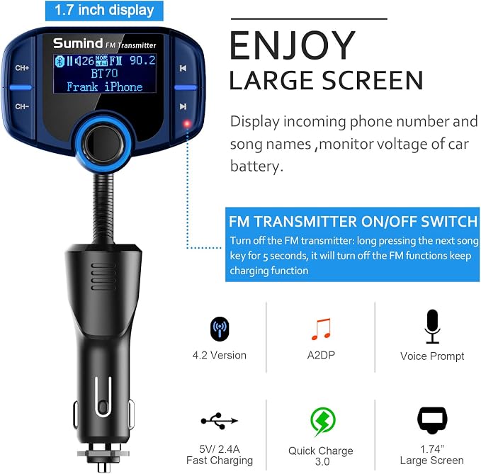 Upgraded Bluetooth FM Transmitter, Wireless Radio Adapter Hands Free Car Kit - Image 3
