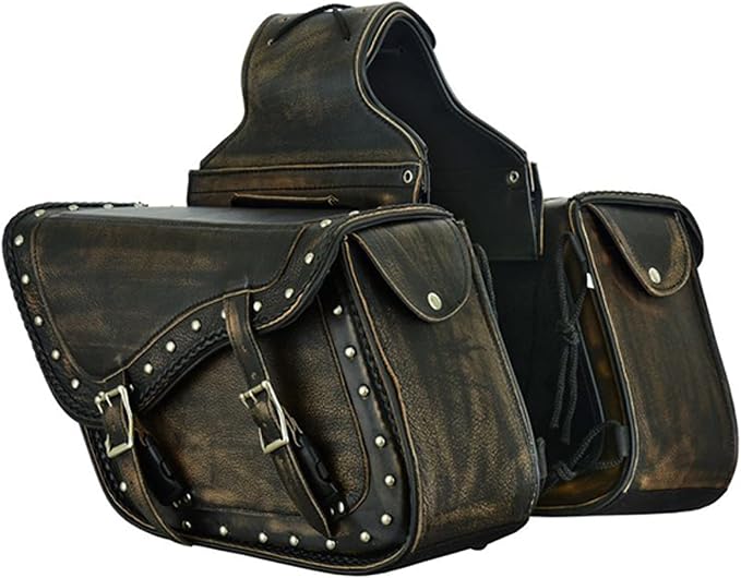 Dream Apparel Naked Cowhide Leather Motorcycle Saddle Bags Studded Throw Over by DreamApparel