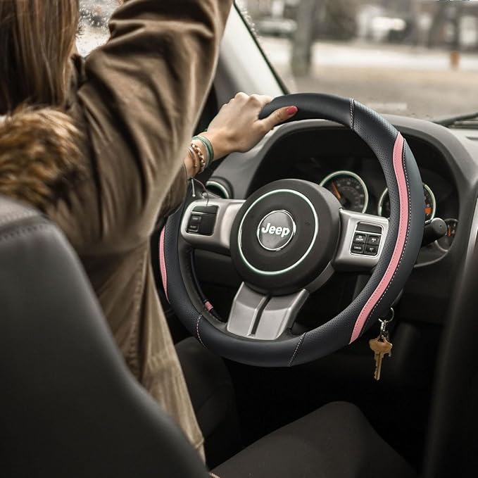 Car Steering Wheel Cover, Leather Steering Wheel Cover Pink Universal 14.5-15 - Image 2