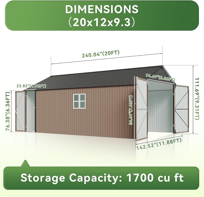 Aoxun 12x20x9.3 FT Shed Outdoor Metal Garage Shed 1700 CUFT Extra Large Storage - Image 3