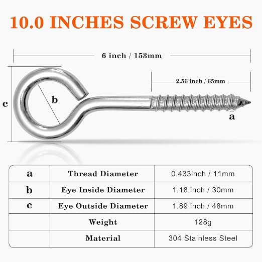 4Pcs Self Tapping Eyelet Screw Eye Bolt，6 Inch Heavy Duty Screw Eyes Hooks ，M10 - Image 2