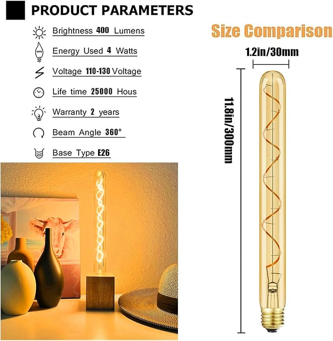 Leools Vintage LED Spiral Filament Bulb T10, 11.8inch Long Tubular Dimmable - Image 7