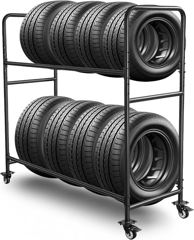 Tire Rack, Adjustable Height Metal Rolling Storage Rack 60" x 59" x 21" by OUKIDR