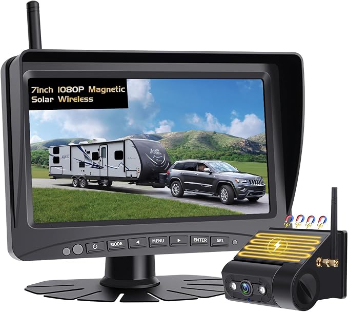 Solar Wireless Backup Camera Magnetic, 7 Inch Portable Installation RV Backup by Hertekdo