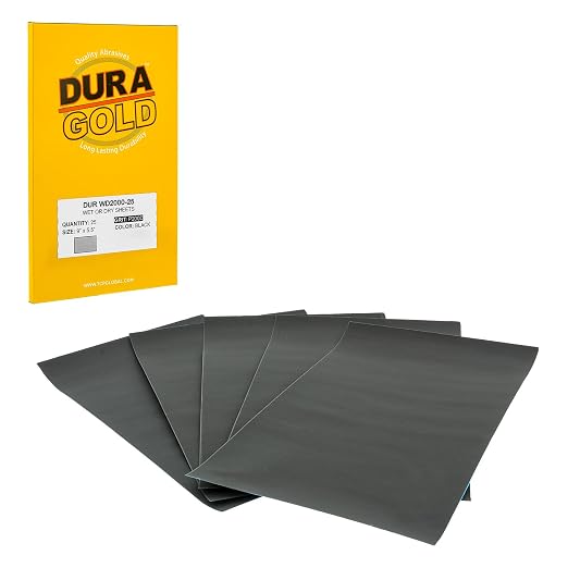 Dura-Gold Premium 2000 Grit Wet or Dry Sandpaper Sheets, 5-1/2" x 9", Box of 25 by Dura-Gold