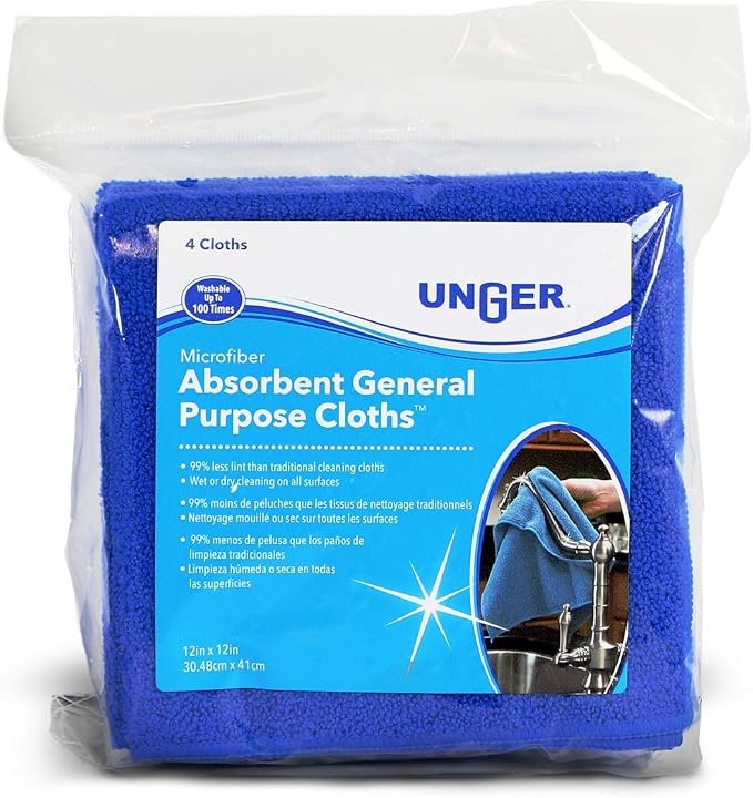 Unger 12” x 12” All-Purpose Microfiber Cloths, 4 Pack, Wet and Dry Cleaning - Image 7