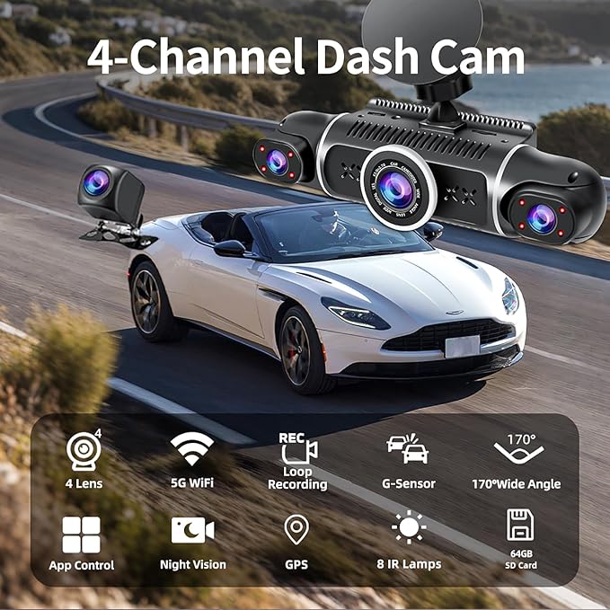 360° Dash Cam Front and Rear View 4 Channel Dash Camera FHD 2K+1080Px3 - Image 2