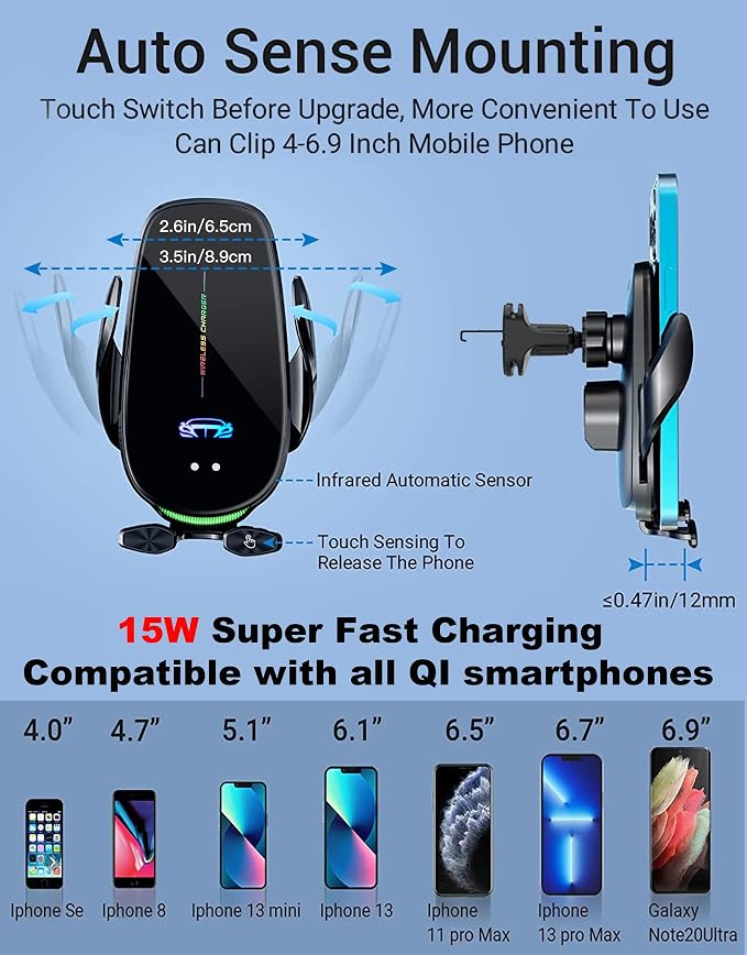 Wireless Car Charger Mount, Fast Charging Auto Clamping 15W Intelligent Dual - Image 5