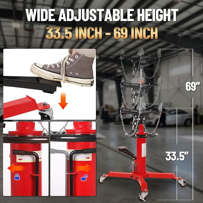 Dual Plunger Hydraulic Transmission Jack 1322lbs Capacity, 33.5"-69" High Lift - Image 5