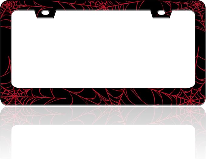Red Spider Web License Plate Frame Funny Cobweb Stainless Steel License Plate by TINALUIN