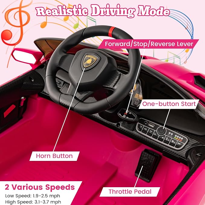 Costzon Pink Lamborghini Ride on Car, 12V Battery Powered 4WD Lambo Kids Car - Image 2