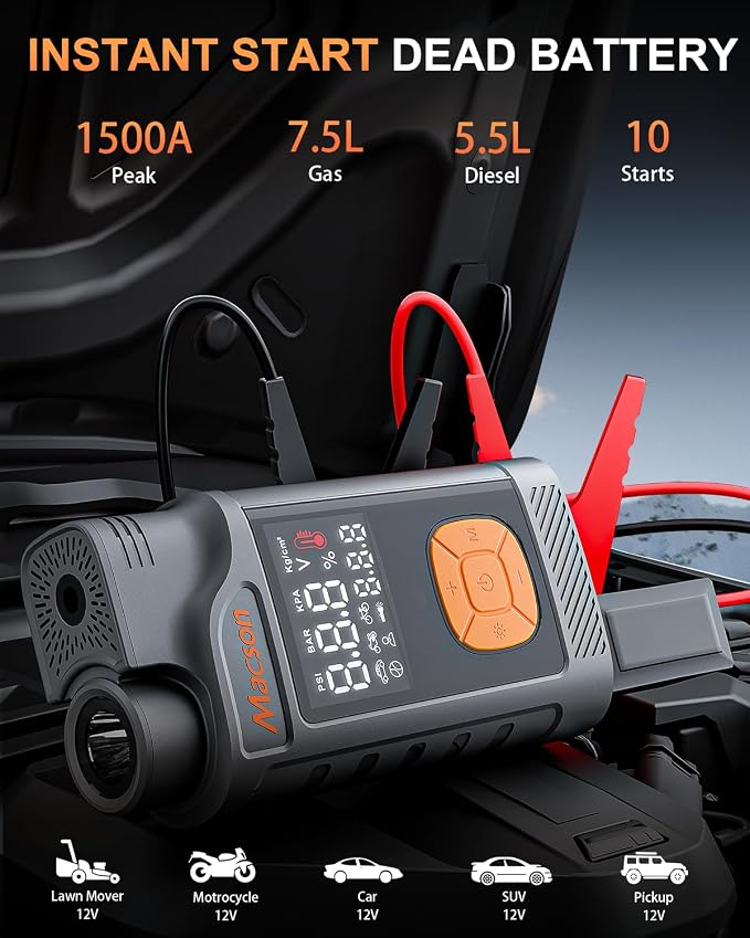 Jump Starter with Air Compressor-1500A Portable Car Battery Charger, 12V Jumper - Image 2