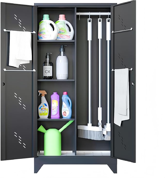 71" Broom Closet Cabinet with Hanging Rod, Tall Black Metal Storage Cabinet by VASAAOSD
