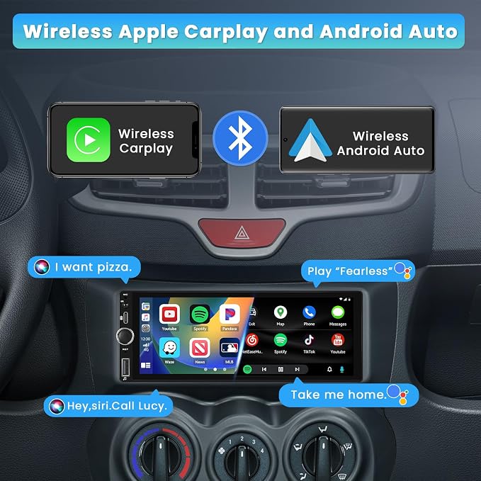 Single Din Car Stereo with Apple Carplay Android Auto, 6.9 Inch IPS Touch - Image 2