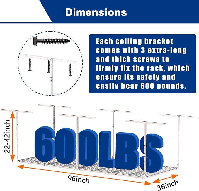 GIOTORENT 3x8FT Heavy Duty Overhead Garage Storage Rack - Image 4