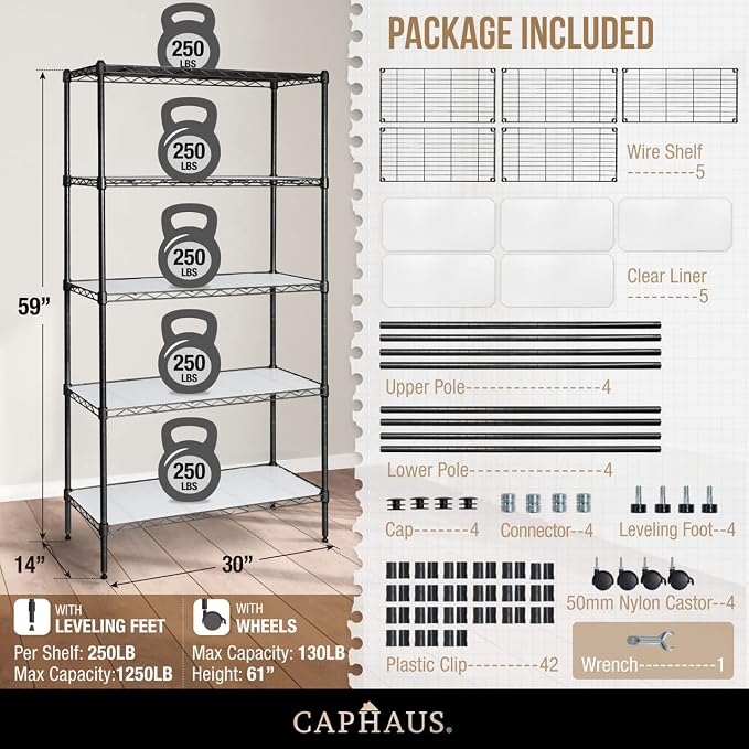 CAPHAUS NSF Adjustable Height Wire Shelving Unit w/Liner, Basement Storage - Image 3