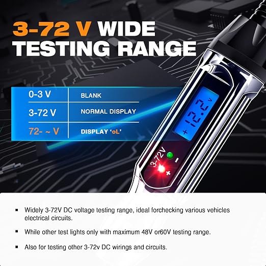 Heavy Duty 3-72V Backlit Digital LCD Circuit Tester, Automotive Test Light - Image 3