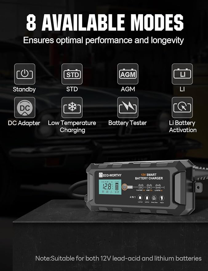 ECO-WORTHY 10A Lifepo4 Battery Charger 12V, Smart Car Battery Charger - Image 2