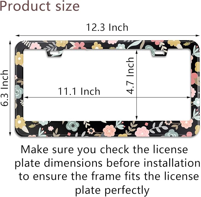 Black Cute Cartoon Floral License Plate Frame Colorful Flowers Stainless Steel - Image 3