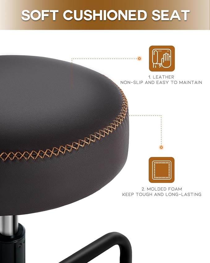 Shop Stool with Lockable Rubber Wheels Adjustable Backrest Tool Tray Storage - Image 4