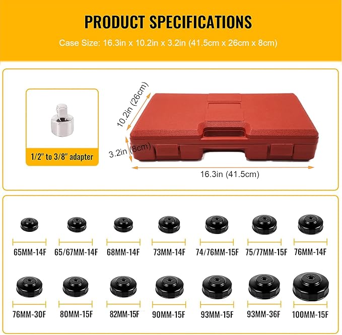 Oil Filter Socket Set 14pcs 3/8" Cap Wrenches Tool Kit - Image 2