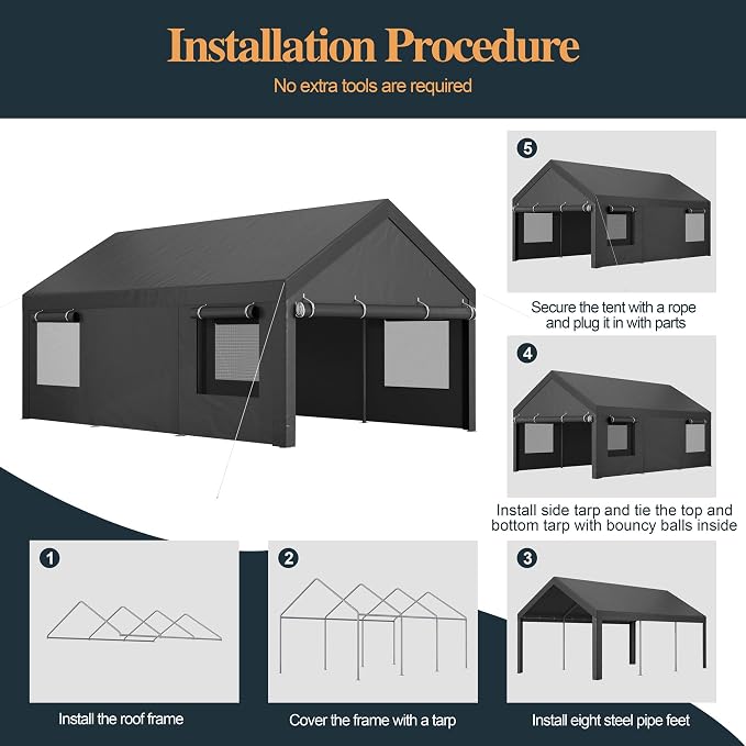 Shintenchi Carport 12' x 20' Heavy Duty Portable Garage, Carport Canopy - Image 6