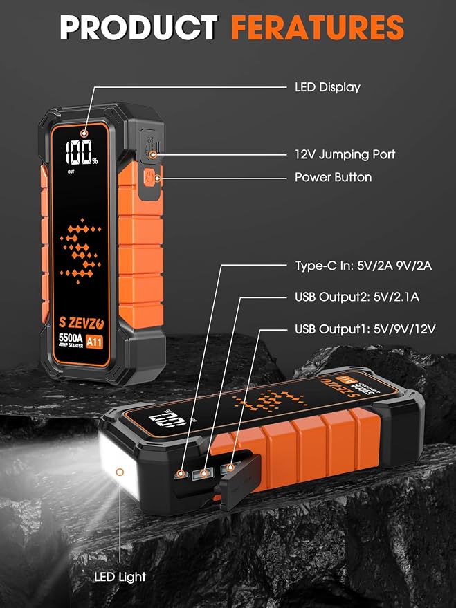 S ZEVZO A11 5500A Car Battery Jump Starter, 88.8Wh Battery Jumper Starter - Image 7