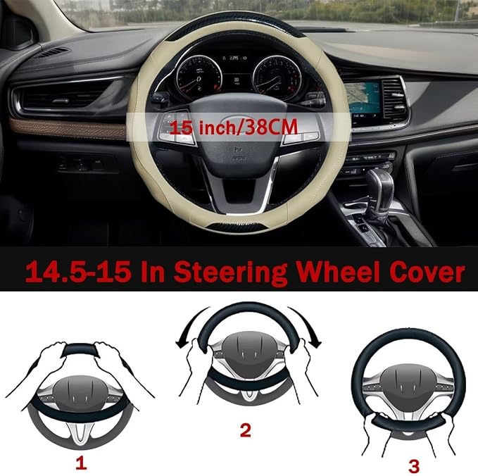 Car Steering Wheel Cover with Cup Coasters, Universal 15 inch Leather Carbon - Image 6