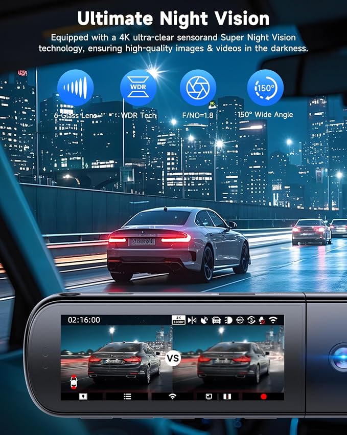 3 Channel Dash Cam, SARMERT 4K Dash Cam Front Inside and Rear - Image 3