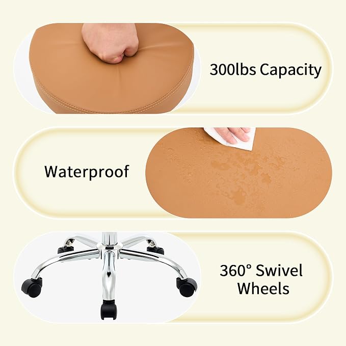 Rolling Massage Chair, Adjustable Hair Cutting Stool 19.5’’-26.6’’, Camel Brown - Image 5