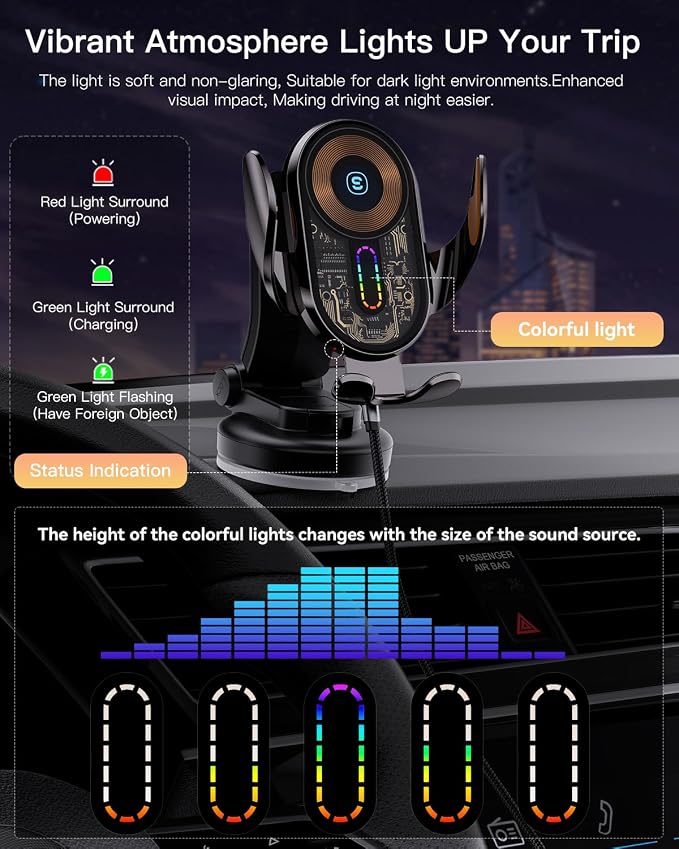 Wireless Car Charger, ESSAGER 15W Fast Charging Car Phone Holder Mount Auto - Image 6