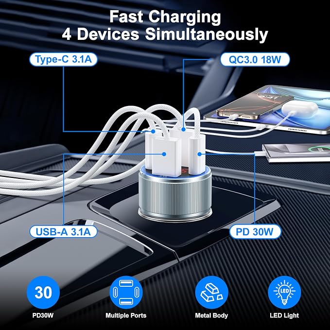 Car Phone Charger for iPhone 16 15, Besgoods USB C Car Charger Adapter 4 Ports - Image 2