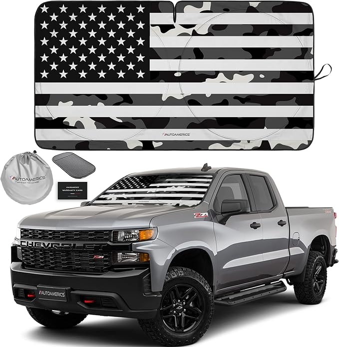 Autoamerics 1-Piece Windshield Sun Shade B&W Camo American Flag USA Design by AutoamericsUS