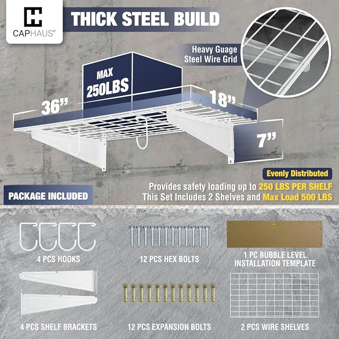 CAPHAUS 2-Pack Garage Shelving Wall Mounted 36x18 Inch, Heavy Duty Metal Wall - Image 3